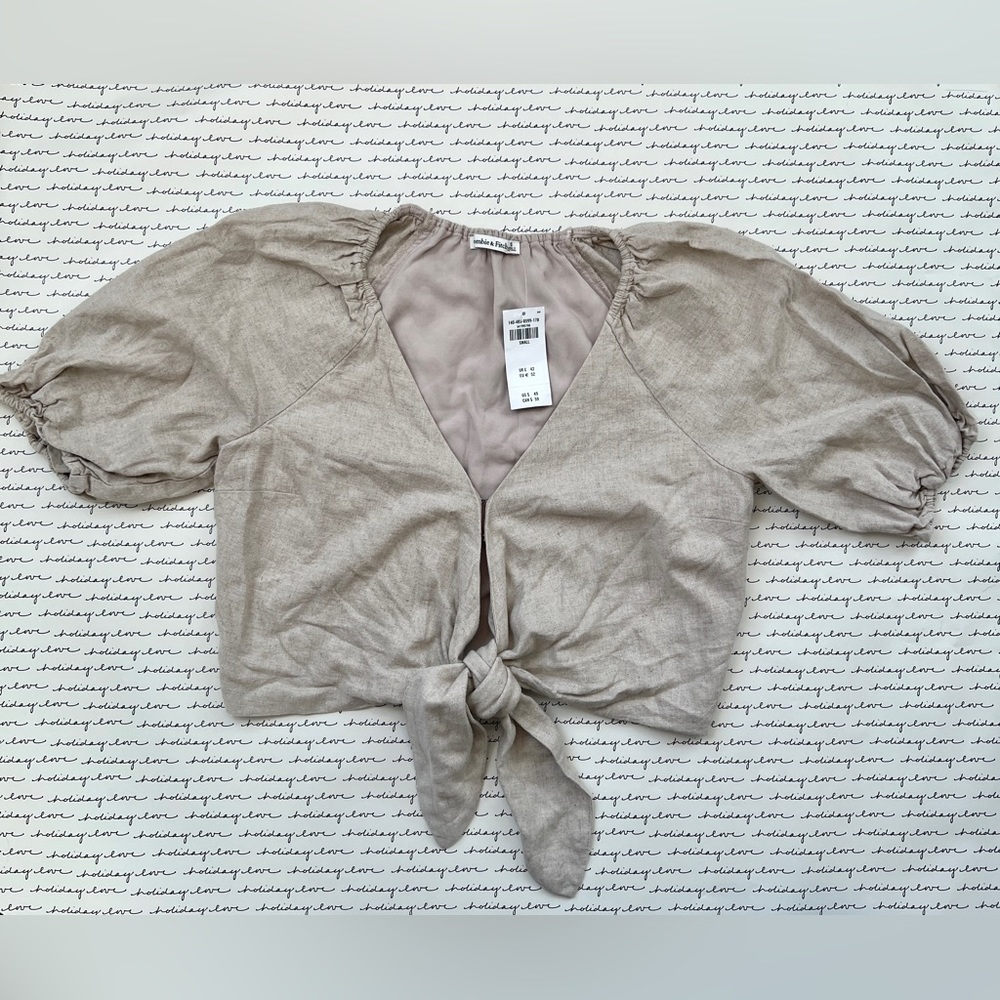 New Abercrombie Tie Front Linen Blend Puff Sleeve Top- Small